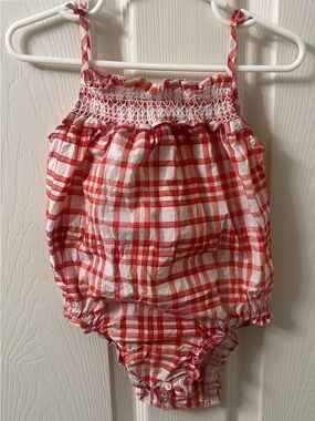 Hill House Red and White Plaid Smocked Bubble Romper